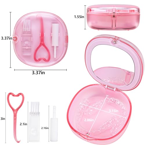 Pink Aligner and Retainer Case Double-layer Cute Slim Braces Night Mouth Guard Case with Remover Tool, Chew and Cleaning Brush, Built in Mirror Orthodontic Dental Retainer Container - color: Transparent Pink