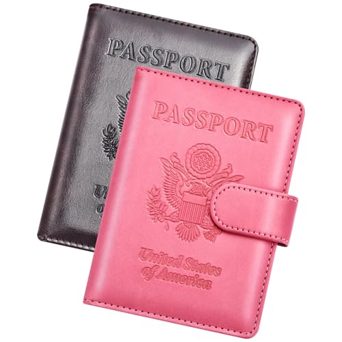Herain Passport Holder for Travel Essentials, 2 Pcs Passport Cover Wallet Case Travel Gifts Women Men Family, RFID Passports Book Card Holders Travels Cruise Accessories Must Haves - color: B-Coffee + Rose Red, style: Upgraded