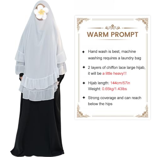 khalat Women's Hijab Chiffon Hijab for Women Muslim 2 Layers Ruffle Lightweight Large Hijab - color: White