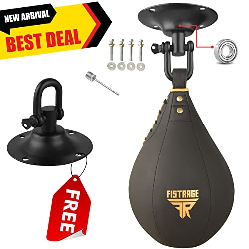 FISTRAGE Speed Ball Boxing Leather MMA Muay Thai Training Punching Dodge Striking Bag Kit Hanging Swivel Workout Speedball Kicking Platform (Golden)