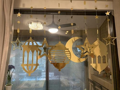 Cheerland Ramadan Decorations Gold Star Moon Lantern Garland Pre-Assembled Shining Hanging Ramadan Mubarak Eid Decorations Banner Streamer for Eid Mubarak Decor Home Party Supplies 16 Pcs