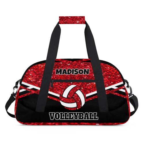 Personalized Sports Volleyball Bag, Custom Team Name Gym Sport Duffel Bag Weekender Bags Travel Duffel Bag, Red Glittering with Black - color: Red Black
