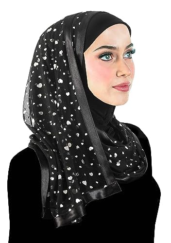 Stylish Mona Hijab Women's Black Kuwaiti with Chiffon Wrap Shawl & Satin Trim - color: Black With Silver Hearts