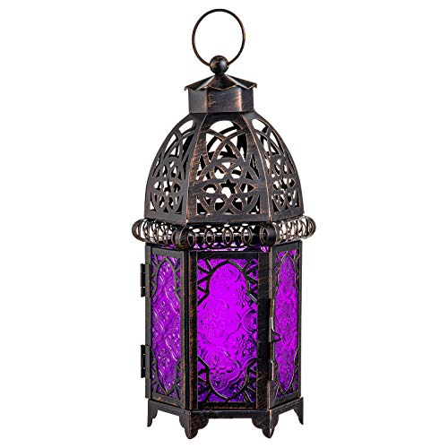 NEEDOMO Moroccan Candle Lantern, 12.8'' Hanging Lanterns Decorative Indoor Outdoor, Vintage Candle Holder for Chritsmas, Halloween, Table, Patio, Porch, Shelf, Gothic Home Decor (Purple) - color: Purple, size: Large