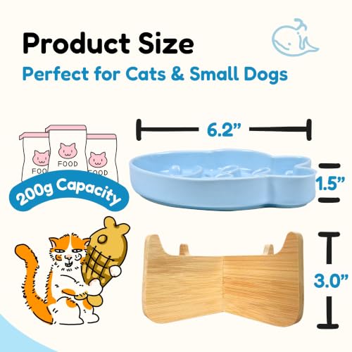 Elevated Slow Feeder Cat Bowl with Stand, 6.3''Ceramic Fish Maze Cat Food Bowl, Raised Whisker Friendly Wide Shallow Cat Dish for Wet & Dry Food, Non Slip Puzzle Feeder for Cats & Small Dogs (Blue) - color: Blue with Stand