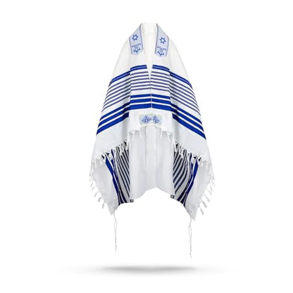 Full Size Tallit Prayer Shawl, Hand-Tied Tzitzit in Israel by a Jewish Craftsman, Blessing On Neckband - color: Blue & Gold, size: Size 55 - 72 x 52 Inch