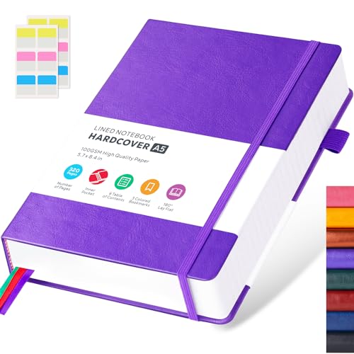 FOCUS DAY Lined Journal Notebook, 320 Pages Leather Hardcover Thick A5 College Ruled Thick Classic with Pen Loop, for Writing Women Men Office Work, 5.7'' X 8.4'', Pearlescent Purple - color: 3.Purple, size: A5