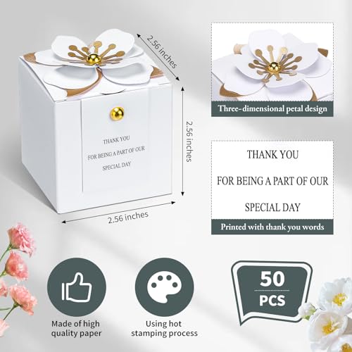 Affrolling 50 Pcs Wedding Favor Boxes with Thanks Card Square Flower Candy Boxes Paper Bridal Gift Box for Guests Wedding Bridal Shower Birthday Party Anniversary(White) - color: White