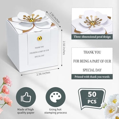 Affrolling 50 Pcs Wedding Favor Boxes with Thanks Card Square Flower Candy Boxes Paper Bridal Gift Box for Guests Wedding Bridal Shower Birthday Party Anniversary(White) - color: White