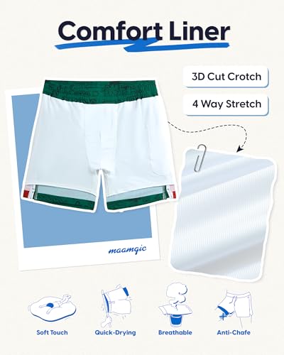 maamgic Mens Swim Trunks - Mens Bathing Suit with Compression Liner 7 Inch Quick Dry Fshion Stretch Zipper Pockets Swimwear - color: Red Green-white, size: Large