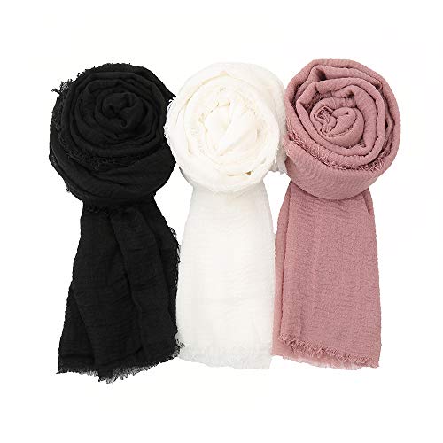 EVQ Soft Cotton Hemp Scarf Wrap Long Hijab Scarves for Women - color: Black+white+skin Pink