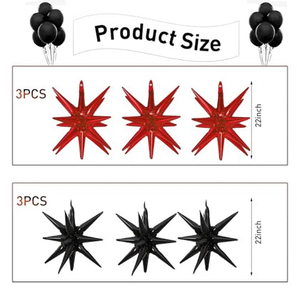 6 Pcs Star Foil Balloons One-Piece 14-Pointed Star Balloon 4D Starburst Cone Mylar Balloon 22inch Christmas Birthday Wedding Wedding Anniversary Party Supplies (Black + Red) - color: 22 Inches Black + Red