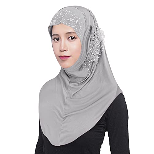 Women Soft One Piece Hijab Long Muslim Turban Islamic Full Head Scarf - color: Grey/Flower