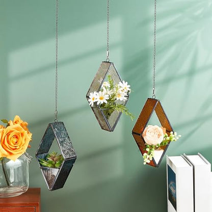 Yaomiao 3 Pcs Stained Glass Hanging Plant Terrariums Hanging Glass Planter Small Geometric Terrarium Air Plant Terrarium with Chain for Succulent Moss Holders Garden Wall Windowsill (Vivid Color)