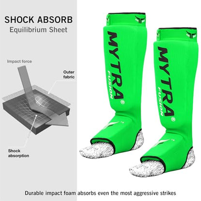 Mytra Fusion Shin Pads Instep Protector Kick Boxing Muay Thai Training Elasticated shin Guards - color: Green, size: Large-X-Large
