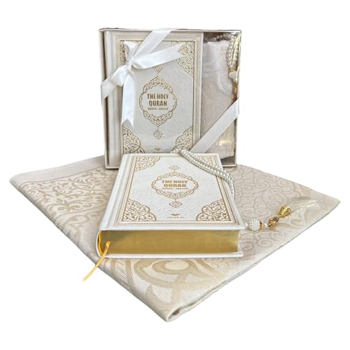 English Translate Thermo Leather Covered Quran, Tafta Prayer Mat and Beads Set | Hajj Present for Wedding,Umrah,Special Day | Great Ramadan & Eid Gifts for Muslim Men,Women,Child (White,1 Sets) - color: White, size: 6" x 8" (Rectangular)