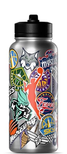Hydrapeak WNBA Officially Licensed All-Team Sticker Print Logo 32oz Insulated Water Bottle with Straw Lid and Handle, Stainless Steel Travel Tumbler for Passionate WNBA Fans, Drinks Stay Cold 24 Hours - color: WNBA, size: 32 Ounces