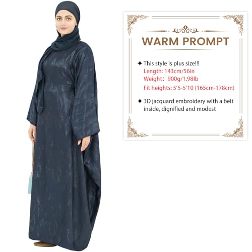 khalat Abaya Muslim Dress Women Satin Jacquard Prayer Dress Batwing Long Sleeve Islamic Dubai Robe with Chiffon Hijab - color: Blue