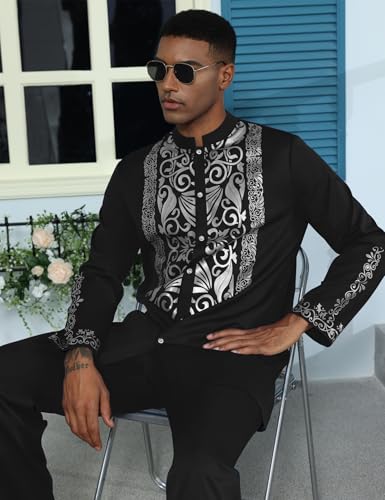 Mens African 2 Piece Sets Dashiki Metallic Traditional Suit Gold Stamp Printed Shirt and Pants Outfit - color: Black Silver, size: X-Large