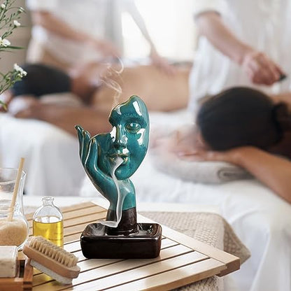 YYW Waterfall Incense Burner Backflow Incense Holder Fountain with 20 Incense Cones and 30 Incense Sticks Contemplate Half Face Incense Holder Aromatherapy Ornament Thinking Statue Yoga Room Decor