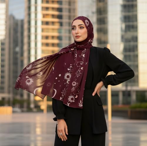 Hijab Modest and Elegant | Beautifully Designed Printed Chiffon Patterns | Muslim Women Head Scarf and Veil - color: Red M