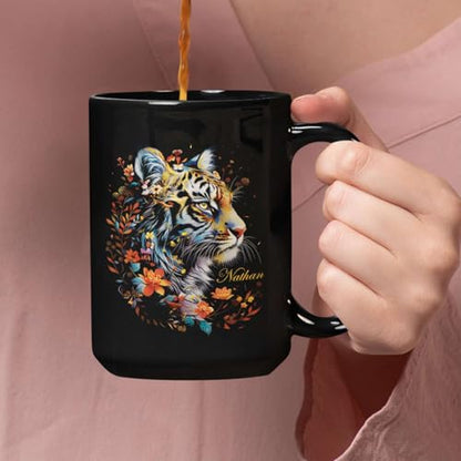 Tiger Mug, Customized Floral Coffee Cup 11oz 15oz, Personalized Wildlife Enthusiasts Black Mug, Custom Name Animal Ceramic Cup, Mug Gift For Nature Lovers, Flower Cup For Mom - color: THU-924-1960-Tiger