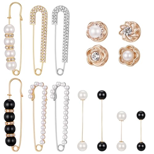 14pcs Pearl Brooch Pins Safety Pins Decorative Safety Pin Pant Waist Tightener Small Pin for Sweater Shawl Shirt Skirts Dresses Pants Sleeves Hats Collars Scarves Bags Wedding Gold Silver Blac