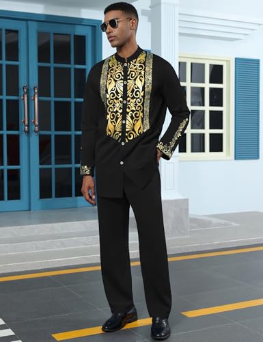 Mens African 2 Piece Sets Dashiki Metallic Traditional Suit Gold Stamp Printed Shirt and Pants Outfit - color: Black, size: Small