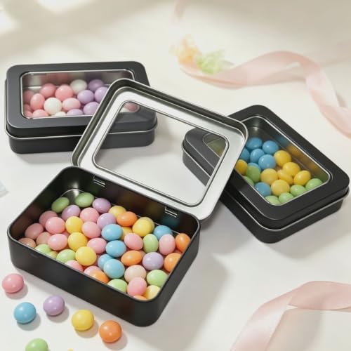 Rectangle Metal Tins with Hinged Window Lids, Black, 24 Pieces | Hinged Window Lids, Mini Storage Organizer Set, For Home Kitchen, Office and School Supplies - color: Black