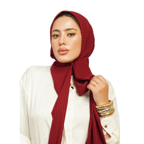 Instant Hijab For Women | Head Wrap100% Cotton Rib Headscarf | Easy to Wear Hijabs with Metal Pin - color: Deep Red