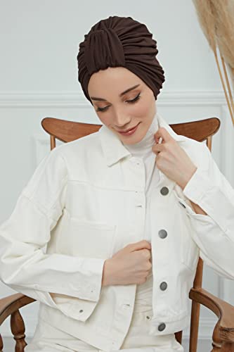 Aisha's Design Instant Turban Plain Cotton Scarf Head Wrap Lightweight Hat Bonnet Cap for Women - color: Brown