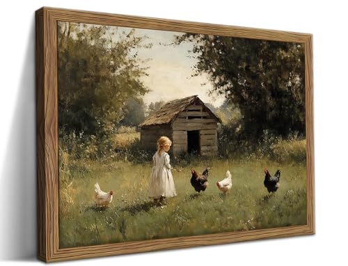 Vintage Country Framed Wall Art, Little Girl and Chick Canvas Prints, Rustic Landscape Picture Painting, Pastoral Farmhouse Wall Decor for Living Room Bedroom – Dark Wooden Frame 8x10in - color: Pastoral Afternoon, size: 10"L x 8"W