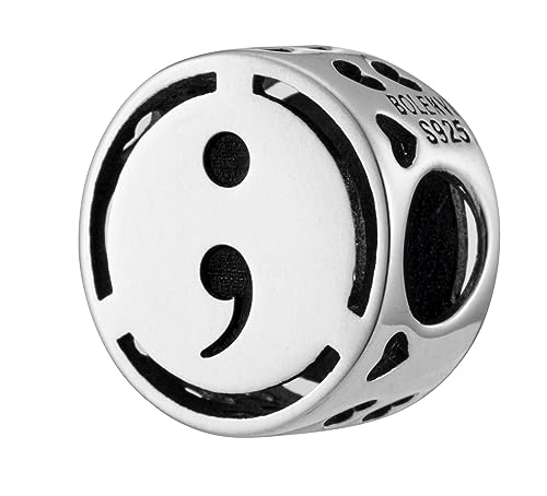 Inspirational Words Symbols 925 Sterling Silver Charm Bead For Pandora & Similar Charm Bracelets or Necklaces - color: Semicolon Suicide Survivor