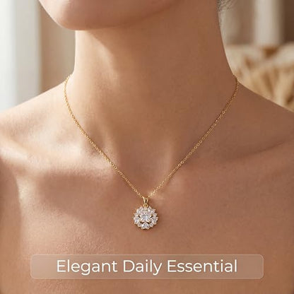 Necklaces for Women - Sparkling Flower Pendant Necklace, 18K Gold Plated Chain, Sunflower Clover Jewelry for Wedding Party, 16+2 Inch - color: Golden