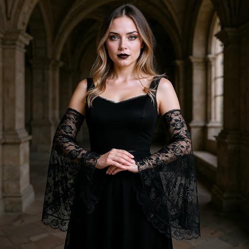 Lusofie Black Lace Sleeves Gothic Victorian Lace Arm Sleeve Vampire Sleeves