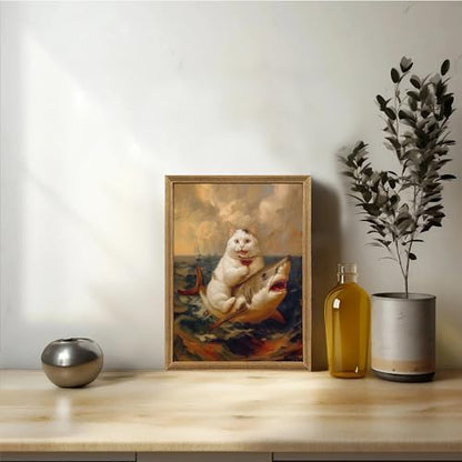 ICHZUMW Framed Funny White Cat Riding Shark Ocean Canvas Wall Art 12x16 In - color: White Shark Rider, size: 16"L x 12"W