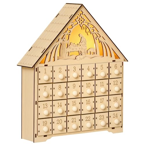 HOMCOM Christmas Advent Calendar, Light Up Manger Scene Tabletop Xmas Wooden House Holiday Decoration with Countdown Drawer, Bible Characters, for kids Adults