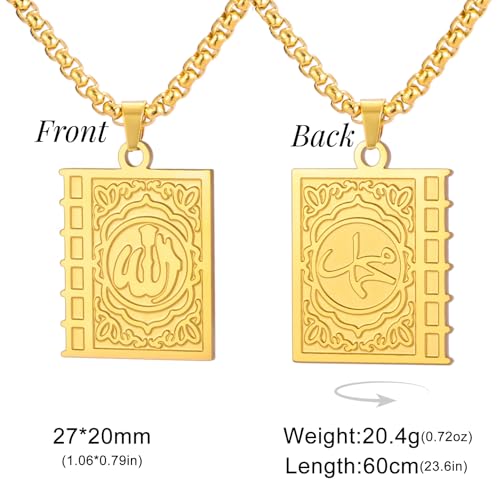 Islamic Necklace Double Sided Quran Book Muhammad Prophet Allah Pendant Arabic Calligraphy Ayatul Kursi Muslim Religious Jewelry Islam Eid Ramadan Gift for Men Women - color: gold