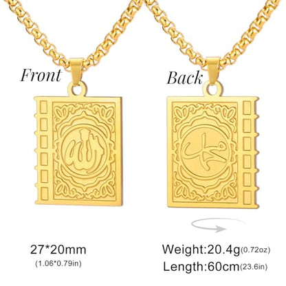Islamic Necklace Double Sided Quran Book Muhammad Prophet Allah Pendant Arabic Calligraphy Ayatul Kursi Muslim Religious Jewelry Islam Eid Ramadan Gift for Men Women - color: gold