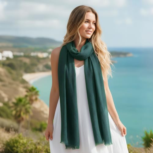 Nydotd Women Summer Cotton Linen Scarf Crinkle Long Beach Shawl Wrap hijab with Fringe - color: Dark Green