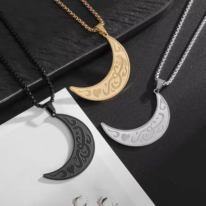 Beautiful Stainless Steel Ayatul Kursi Moon Pendant Islamic Muslim Necklace Arabic Religious Allah Quran Ramadhan Jewelry Gift (golden)