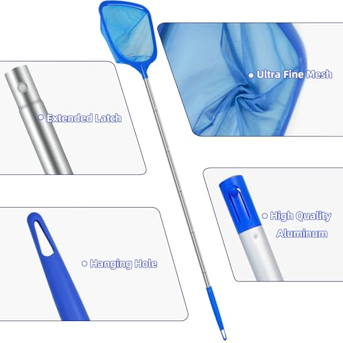 Pool Skimmer Net with Telescopic Pole – Fine Mesh for Leaves, Dust, Debris – Lightweight Safe-Edge Extendable 2.6–5.7 ft Aluminum Handle for Pools, Spas, Hot Tubs, Ponds & Garden Water - size: 6