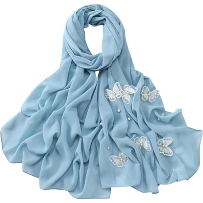 Muslim Prayer Hijab for Women Lightweight Pearl Chiffon Scarfs 3-D Butterfly Embroidery with Glitters Beads Islamic Hijab - color: Light Blue