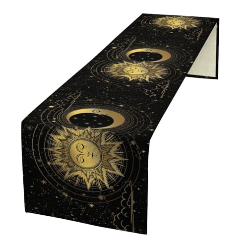 Sun Moon Table Runner, Black Gold Boho Mystical Astrology Theme Print Kitchen Dinning Table Runners for Indoor Outdoor Home Wedding Party Holiday Decor, 13x36 Inch - color: Sun Moon-7, size: 13"W x 36"L