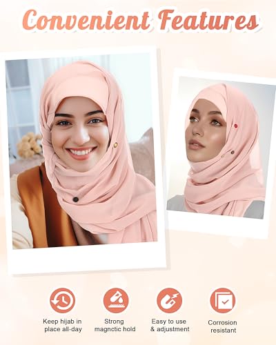 Janinka 12 Pairs Muslim Hijab Magnets Pins with 2 Scarf Set Instant Hijabs for Women Strong Magnetic Pins Lightweight Wrap Chiffon Head Scarves Shawl No-snag Multi-use for Ramadan Clothes Outfit