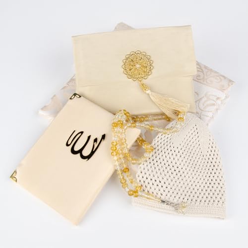 Islamic Prayer Gift Set for Men – Velvet Prayer Mat, Tasbih Beads, Yaseen Book – Muslim Prayer Essentials – Ramadan Eid Gift - color: Beige