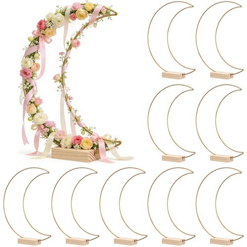 STOBAZA 10 Sets Gold Moon Floral Hoop Centerpieces with Wooden Stands, Metal Wreath Rings for Wedding Table Decor, Baby Shower, Birthday Party, DIY Flower Garland and Event Decoration