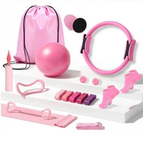 Pilates Kit for Home Workouts, Pilates Starter Kit for Women, Yoga Band, Pilates Equipment Ring and Ball Set & 5 Resistance Bands, Massage Balls, Core Sliders & Grip Socks