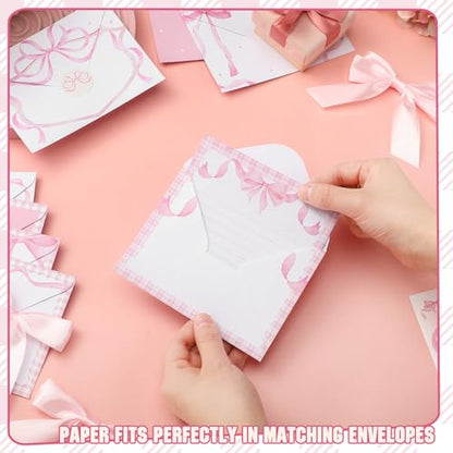 TaoBary 160 Pcs Pink Bow Stationery Paper Set for Girls with Stationery Letter and Envelopes 50 Double Sided Papers with 50 Matching Envelopes and 60 Round Dot Sticker 10 Design (5.5 x 8.25 Inch) - size: 8.25 x 5.5 Inch, style: Pink Bow