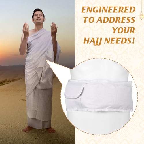 Dansydaisy Ihram Belt for Hajj and Umrah White Adjustable Ihram Waist Belt with Zippered Pockets Fits 32" up to 52" - style: 1 Pocket
